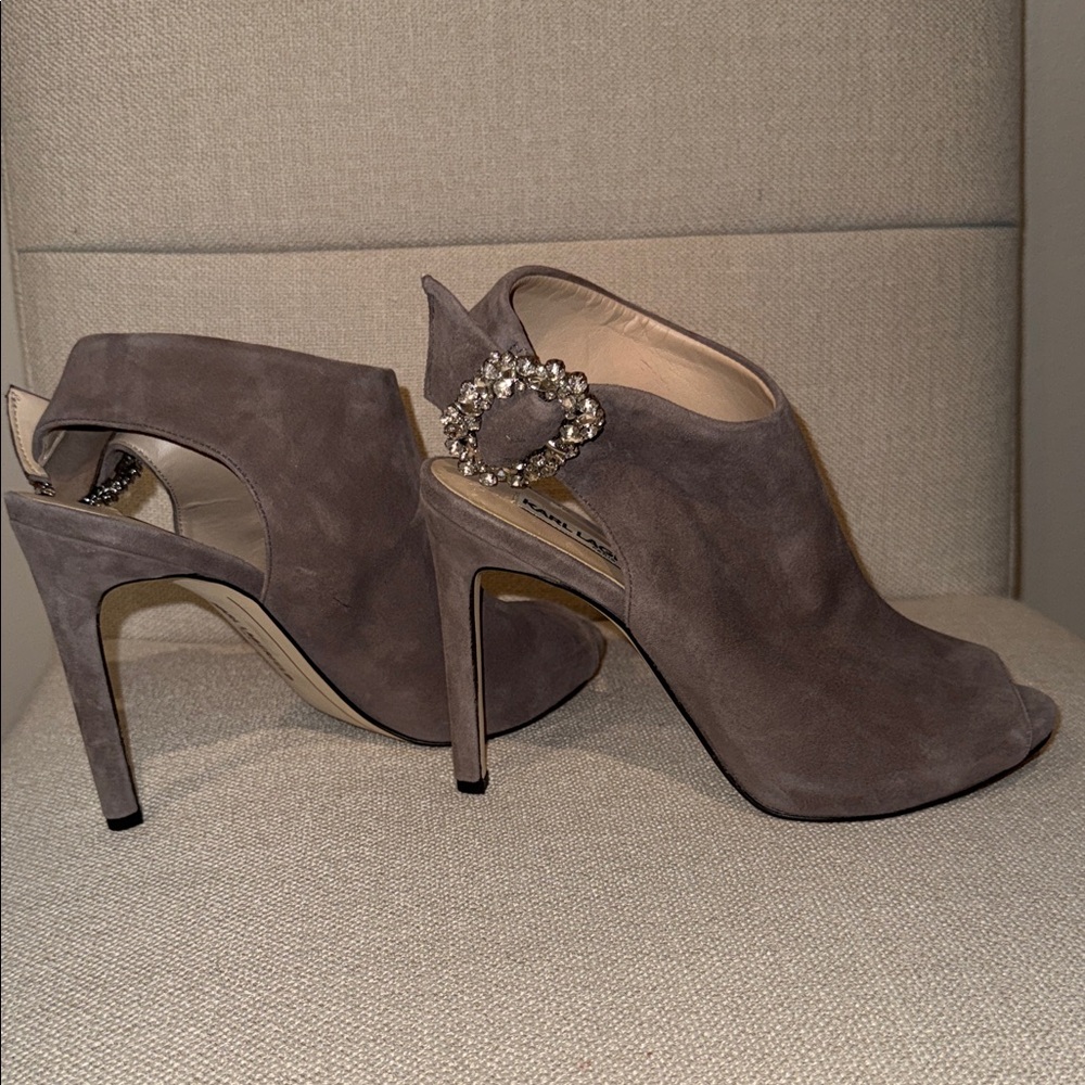 Karl Lagerfeld Taupe Suede Heels with Rhinestone Accent